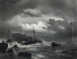 Rocky Coastal Landscape With Sailors Trying To Save A Steamer