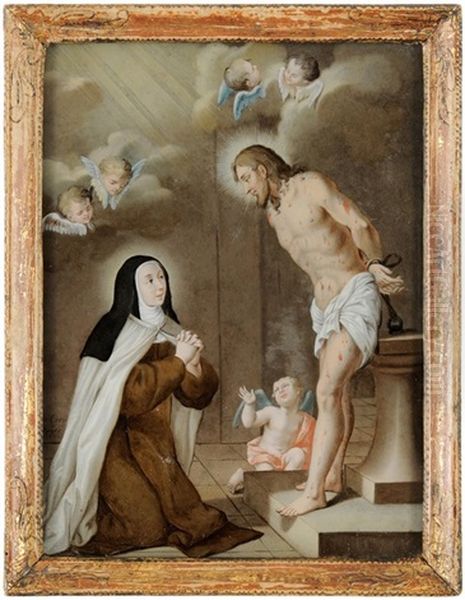 Christus, Von Wunden Ubersat, An Die Geisselsaule Gefesselt. Vor Ihm Kniet Eine Betende Ordensheilige, Der Tranen Uber Das Gesicht Rinnen - view 1