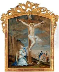 Vor Gewolktem Himmel Christus Am Kreuz. Zu Seinen Fussen Kniet Die Trauernde Hl. Maria Magdalena