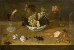 Stilleben Mit Rosen Trauben, Kirschen, Erdbeeren, Einem Glas Mit Wein, Brot Und Insekten Auf Einer Tischplatte by Rudolph Theodor Meyer