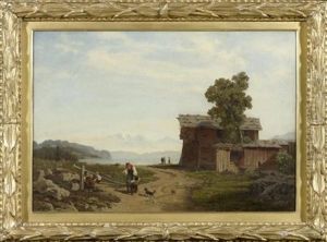 Bauernfamilie Vor Einem Bauernhaus In Einer Weiten Seelandschaft