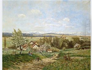 South German Landscape In The Spring, With Views Of A Lake And The Alps by Carl Theodor Meyer-Basel