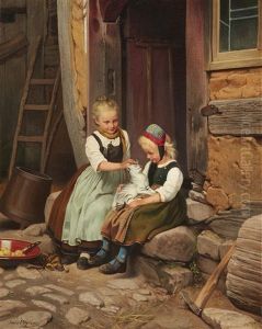 Two Peasant Girls With A Cat by Franz Meyerheim