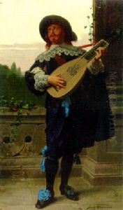 A Young Man Playing A Mandolin by Franz Meyerheim