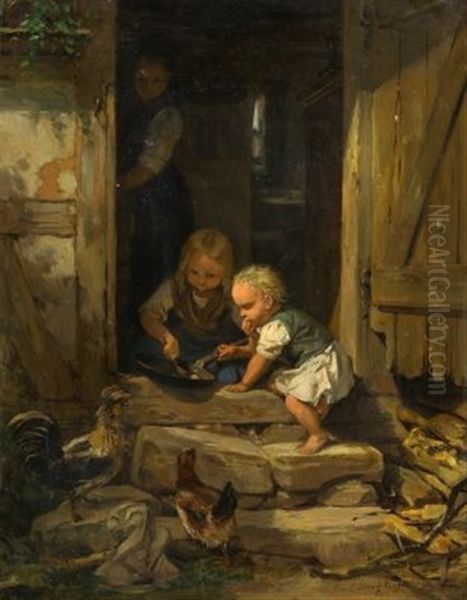 Kinder Beim Naschen Vor Dem Haus - view 1