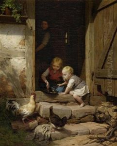 Kinder Beim Naschen Vor Dem Haus by Friedrich Eduard Meyerheim