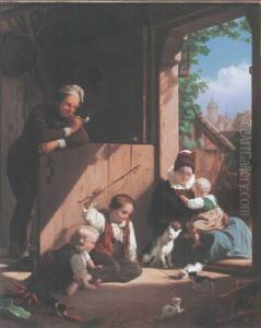 Familiengluck Mit Spielenden Kindern Und Tieren by Friedrich Eduard Meyerheim