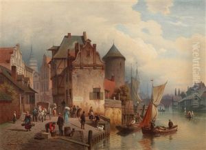 Hustle And Bustle In A Town By A River by Hermann Meyerheim