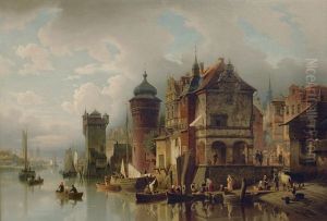 A Busy Harbour Scene by Hermann Meyerheim