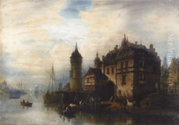 A Dutch River Scene With Figures Gathered On The Bank By A Town - view 1