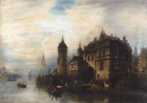 A Dutch River Scene With Figures Gathered On The Bank By A Town by Hermann Meyerheim