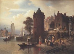 A View Of A Harbour Town With Figures Conversing On A River Bank