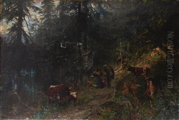 Mountain Forest With Praying Farmers And Cows - view 1