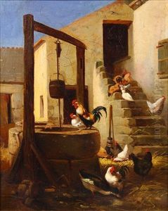 Farmyard Scene With Rooster And Chickens by Paul Friedrich Meyerheim