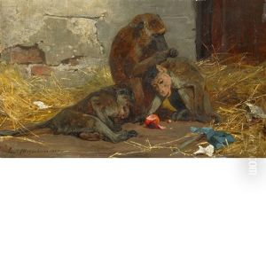 Monkeys In A Barn by Paul Friedrich Meyerheim