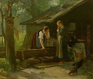 Zwei Madchen In Tracht Bei Der Haarwasche Am Brunnen Vor Kleinem Gehoft by Paul Friedrich Meyerheim