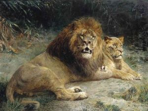 A Lion And A Lioness Basking In The Sun by Paul Friedrich Meyerheim