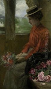 Im Coupe - Eine Junge Frau In Einem Eisenbahnabteil Mit Sommerblumenstraus, In Gedanken Versunken by Paul Friedrich Meyerheim