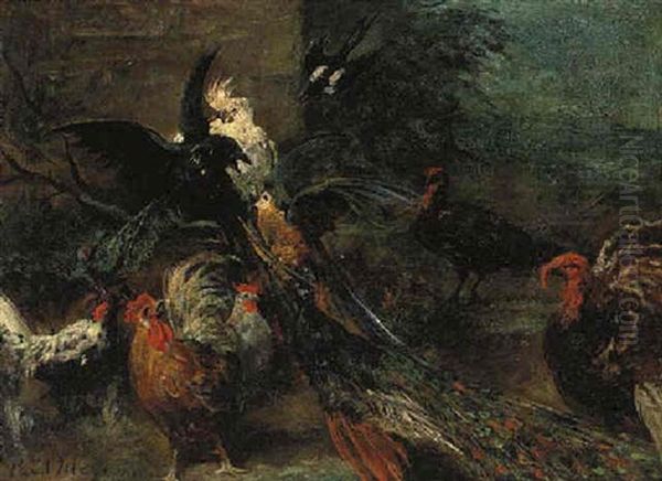 A Peacock, Parrot, Cockatoo, Roosters, Turkeys And A Crow In A Landscape - view 1