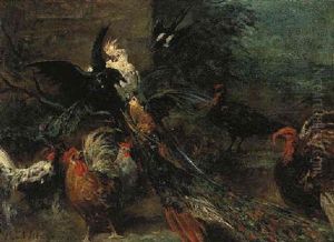 A Peacock, Parrot, Cockatoo, Roosters, Turkeys And A Crow In A Landscape by Paul Friedrich Meyerheim