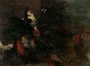 Peacocks, Parrots, A Turkey And Rooters In A Landscape by Paul Friedrich Meyerheim