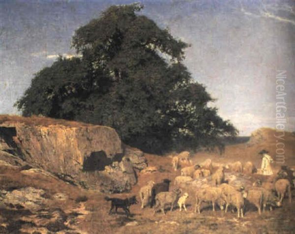 Shepherd And Sheep In A Coastal Wooded Landscape - view 1