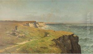Sheep Grazing Atop A Cliff