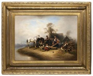 Bauernfamilie Mit Pferden In Der Landschaft by Wilhelm Alexander Meyerheim