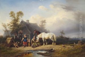 Landliches Idyll. Bauernfamilie Mit Ihren Tieren Vor Dem Haus by Wilhelm Alexander Meyerheim