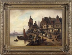 Blick Auf Einen Ostseehafen, Wohl An Der Pommerschen Kuste, Mit Postkutsche Und Kleinen Standen