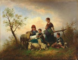Kinder Futtern Lammer Auf Einem Hugel In Abendlicher Landschaft