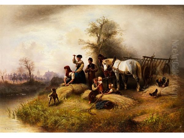 Bauernfamilie Bei Der Kornernte Beobachten Einen Zug Der Kavallerie - view 1