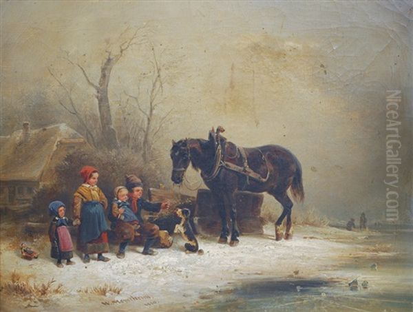 Children With Horse In A Winter Landscape - view 1