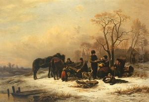 Winterlandschaft Mit Holzsammlern, Pferden Und Schlitten Vor Kirchdorf Im Hintergrund