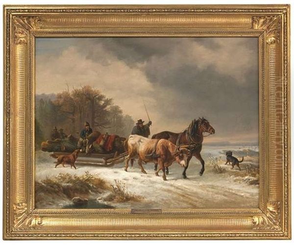 Winterlandschaft Mit Einem Schlitten, Der Von Einem Pferd Und Einem Ochsen Gezogen Wird - view 1