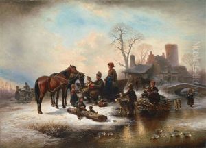 Winterlandschaft Mit Reisigsammlern Und Holzsagenden Kindern