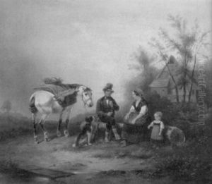 Ein Reiter Hat Bei Einer Bauernfamilie Eine Rast Eingelegt by Wilhelm Alexander Meyerheim