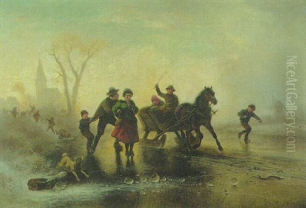 Wintervergnugen. Kinder Beim Schlittschuhlaufen Und Mit Pferdeschlitten Auf Dem Zugefrorenen Fluss - view 1