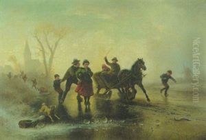 Wintervergnugen. Kinder Beim Schlittschuhlaufen Und Mit Pferdeschlitten Auf Dem Zugefrorenen Fluss