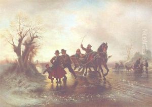 A Frozen Waterway With Skaters And A Horse-drawn Sledge