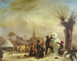 Kinder Bauen Einen Grosen Schneemann by Wilhelm Alexander Meyerheim