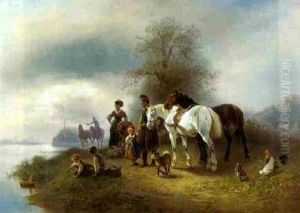 Eine Familie Wartet Mit Ihren Pferden Auf Den Ankommenden Lastkahn