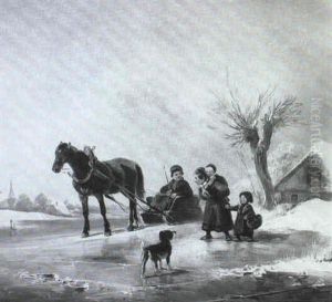 Kinder Mit Ihrem Pferdezugschlitten An Einem Zugefrorenen Flussbett by Wilhelm Alexander Meyerheim