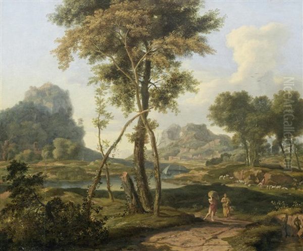 An Arcadian River Landscape With Travellers On A Path - view 1
