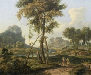 An Arcadian River Landscape With Travellers On A Path by Albert Meyeringh