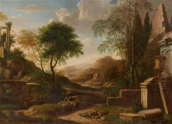Broad Wooded Landscape With River And Figures Near Some Ancient Ruins - view 1