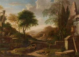 Broad Wooded Landscape With River And Figures Near Some Ancient Ruins by Albert Meyeringh