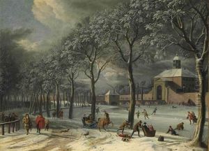 A Winter Scene Of The Weesper Poort, Amsterdam, With Townsfolk In A Park And A Frozen Canal With Skaters And Kolf Players by Albert Meyeringh