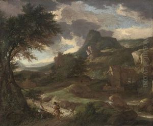 A Mountainous Landscape With A Shepherd And A Shepherdess On A Track, A Mill Beyond by Albert Meyeringh