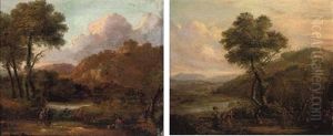 A Wooded River Landscape With Figures On A Track, A Hilltop Fort Beyond (+ A River Landscape With Figures On A Track By A Tree; Pair) by Albert Meyeringh